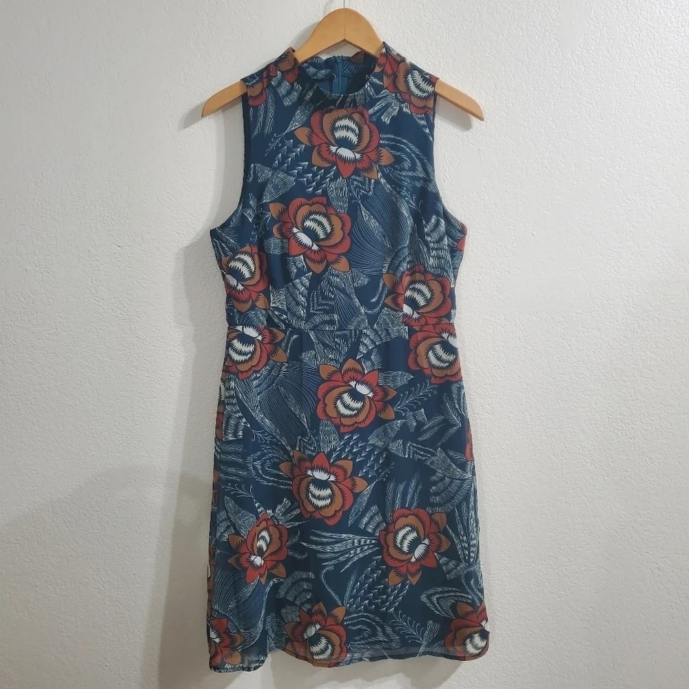 AAKAA Blue Sleeveless High Neck Floral Dress Size M - Picture 3 of 8